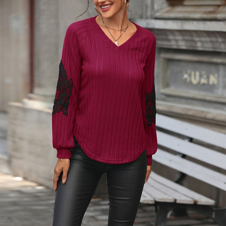 Damen Geripptes Longsleeve mit V‑Ausschnitt, Spitzen‑Einsätzen an den Ellbogen und Ballonärmeln Drune