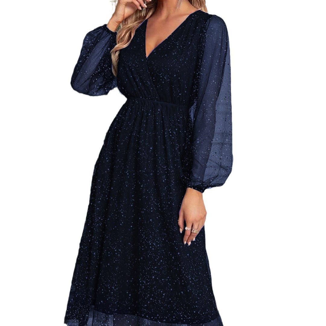 Damen Festliches Midikleid aus Glitzer‑Chiffon mit V‑Ausschnitt, tailliertem Gummibund und Ballonärmeln Drune