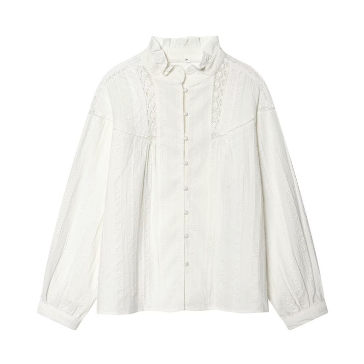Damen Lockeres Vintage-Bluse mit Stehkragen, Spitzeinsätzen und Ballonärmeln Drune