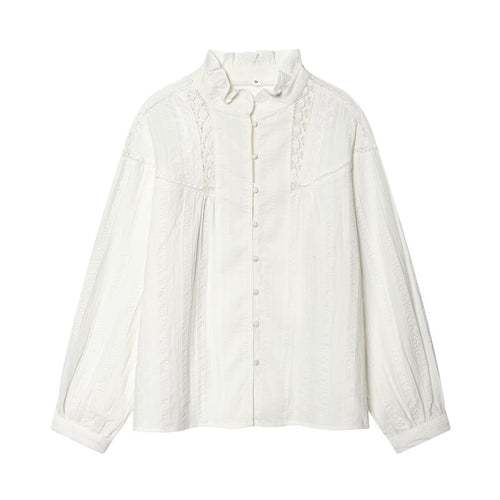 Damen Lockeres Vintage-Bluse mit Stehkragen, Spitzeinsätzen und Ballonärmeln Drune