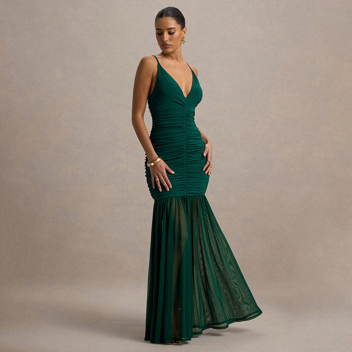 Damen Elegantes bodenlanges Kleid mit raffinierten Rüschendetails Drune