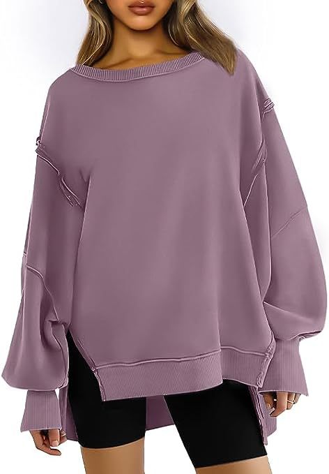 Damen oversized Sweatshirt mit Ballonärmeln, offenen Saumnähten und seitlichen Schlitzen Drune