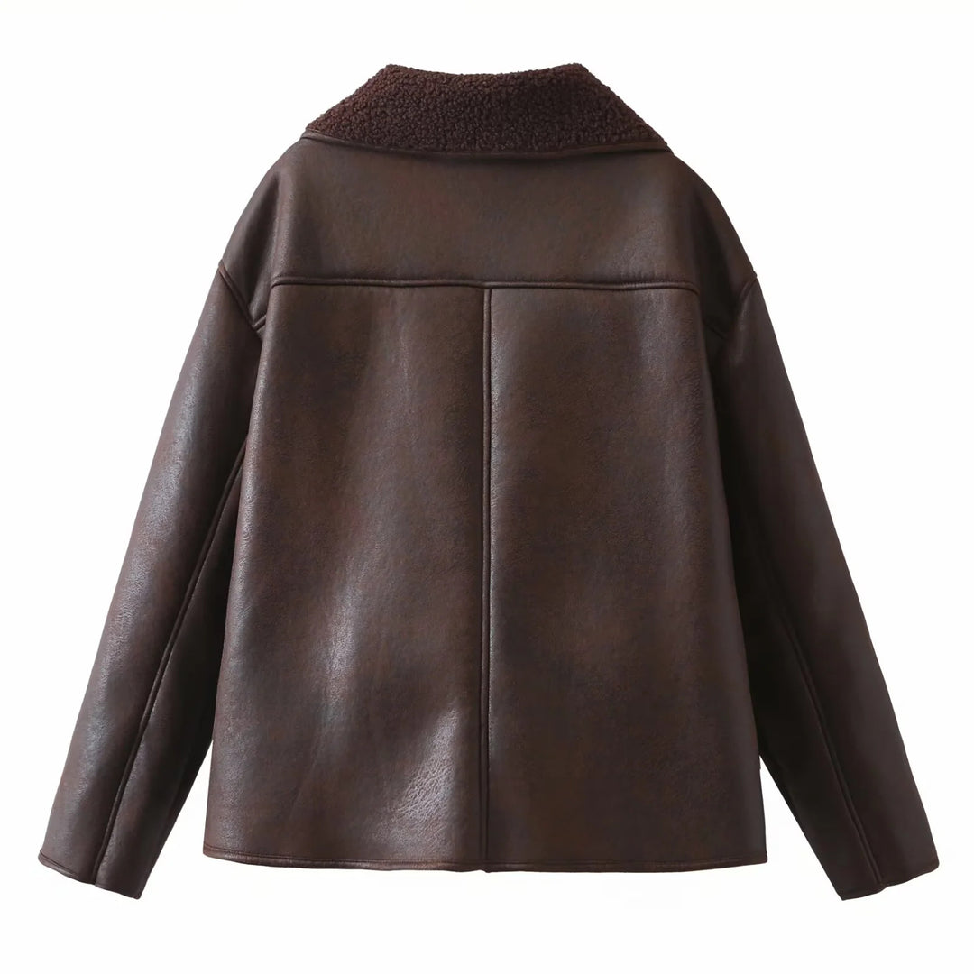 Damen nan kurz geschnittene Vintage‑Fliegerjacke mit Teddykragen und aufgesetzten Taschen Drune