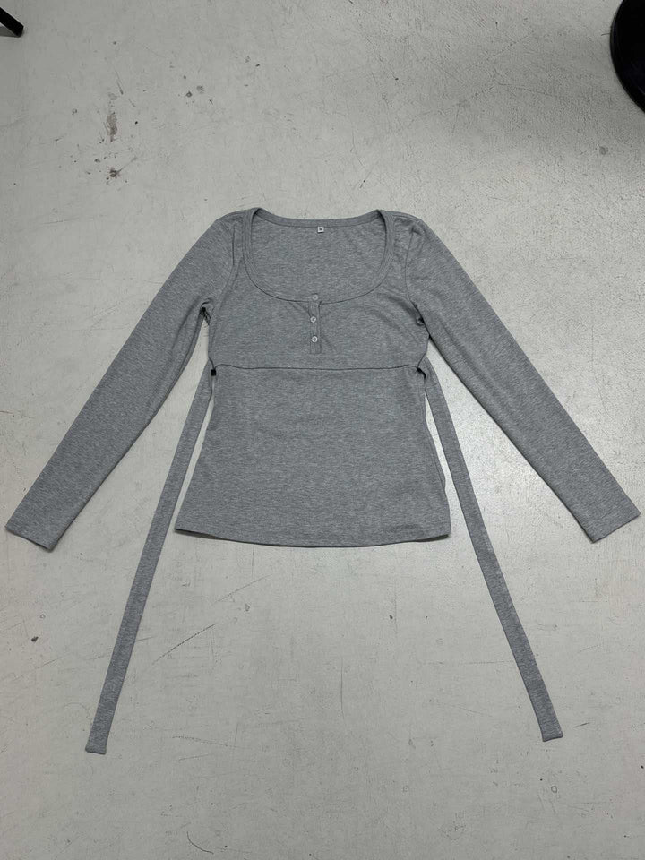 Damen nan tailliertes Still-Longsleeve mit Knopfleiste, Unterbrustnaht und elastischem Jersey Drune