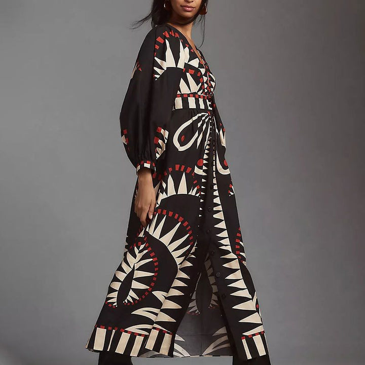 Damen Maxikleid mit ausgefallenem geometrischem Muster und eleganter Knopfleiste Drune