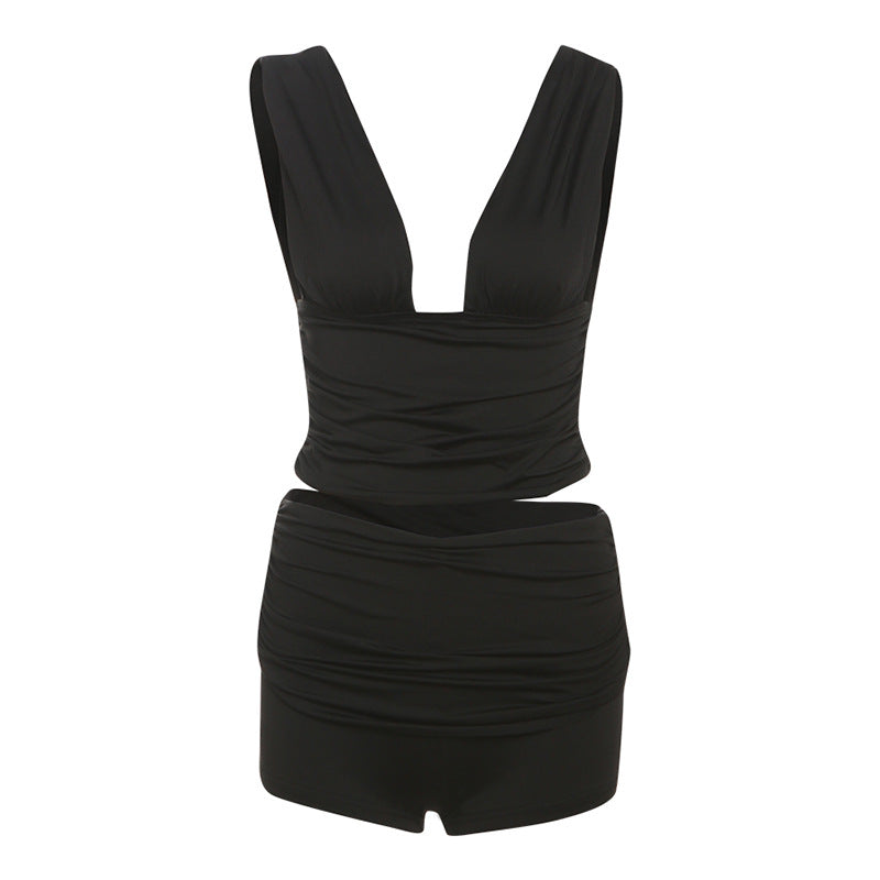 Damen Elegantes Kurzarm Oberteil mit V-Ausschnitt und gerafftem Design Drune