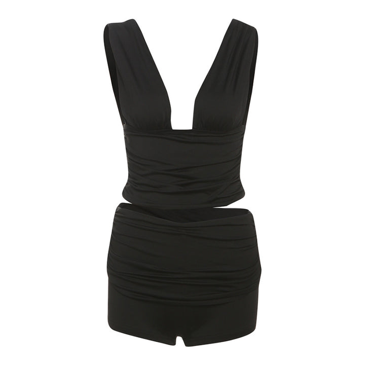 Damen Elegantes Kurzarm Oberteil mit V-Ausschnitt und gerafftem Design Drune
