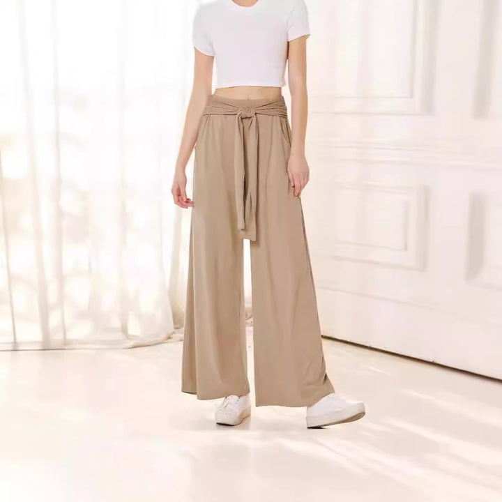Damen Hochtaillierte Weite Palazzo-Hose mit Selbstbindendem Taillenbund und Seitentaschen Drune