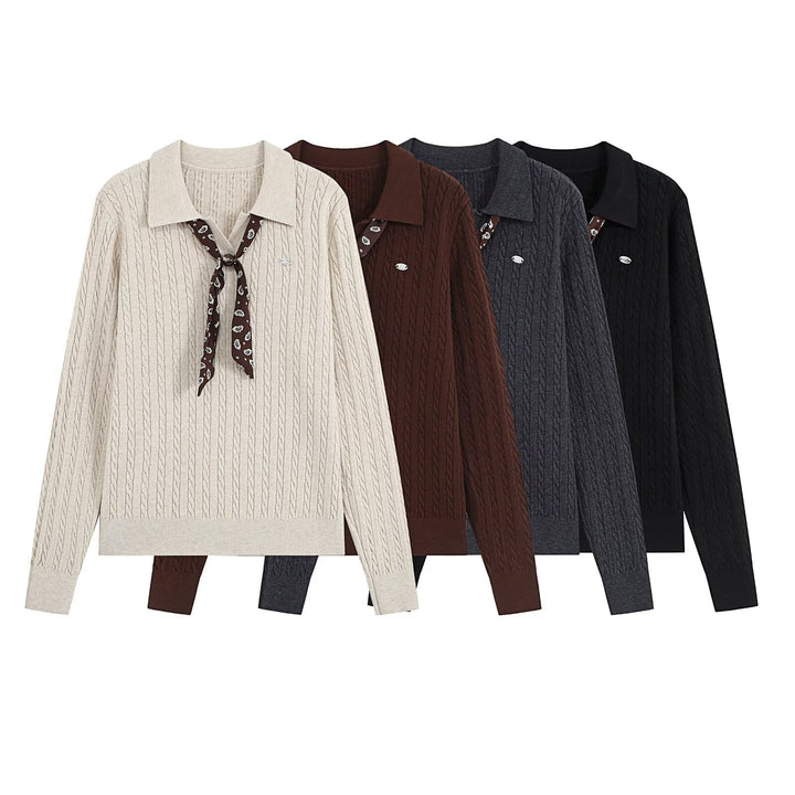 Damen Strickpullover mit Troyer‑Kragen und Zierkrawatte Drune