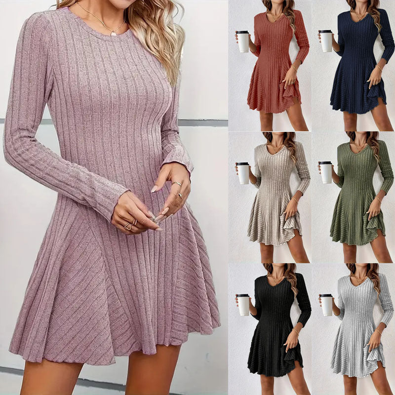 Damen Geripptes V-Ausschnitt-Minikleid mit ausgestelltem Rock und Eingrifftaschen Drune