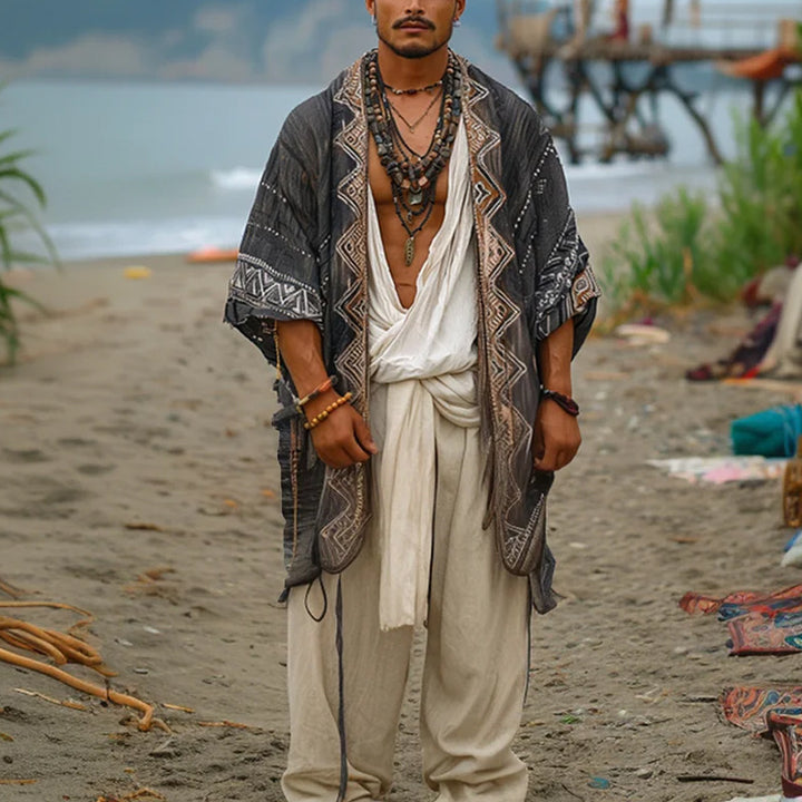 Herren Leichter Boho-Kimono-Mantel mit Ethno-Stickerei Drune