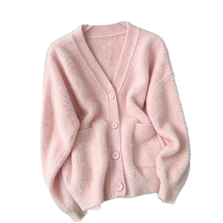 Damen Fluffy-Cardigan mit tiefem V-Ausschnitt, gerippter Knopfleiste und Eingrifftaschen Drune