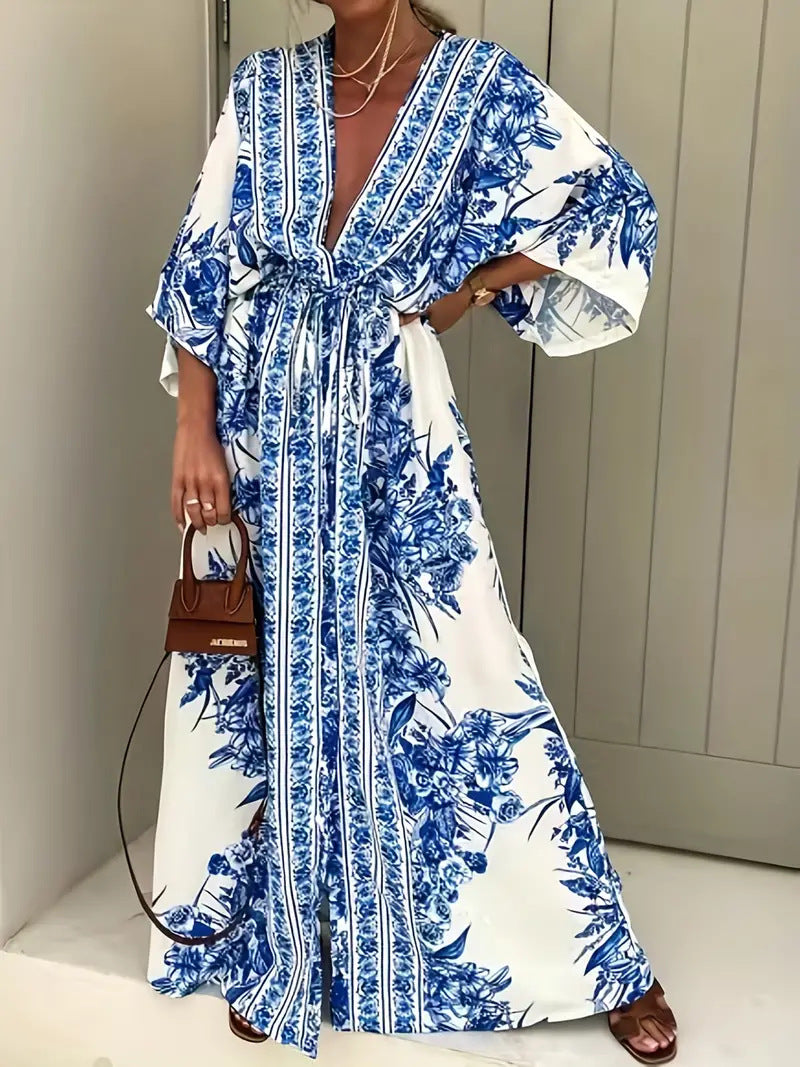 Damen Bohème Maxikleid mit elegantem V-Ausschnitt und tailliertem Gürtel Drune