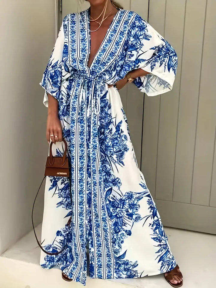 Damen Bohème Maxikleid mit elegantem V-Ausschnitt und tailliertem Gürtel Drune