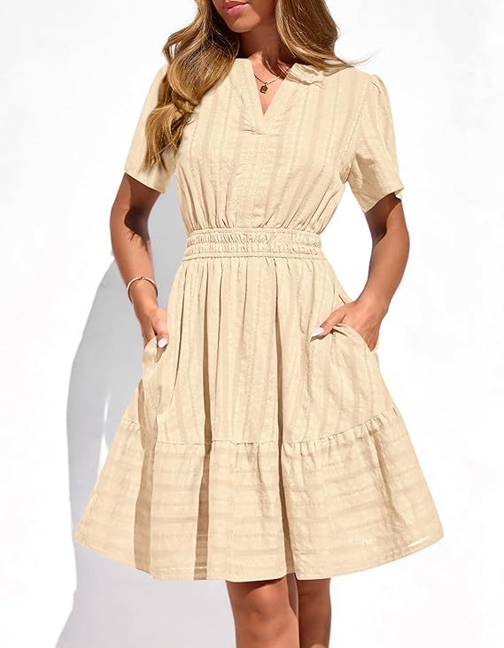 Damen Tailliertes Stufen-Midikleid mit Smokbund, V‑Ausschnitt und Eingrifftaschen Drune