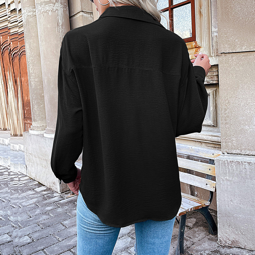 Damen Lockeres Viskose-Hemd mit V-Ausschnitt, Knopfleiste und Brusttasche Drune
