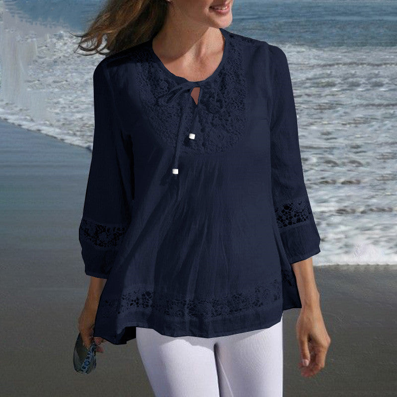 Damen Lässige Tunika-Bluse mit Häkelspitze, Bindekragen und dreiviertel Ärmeln Drune