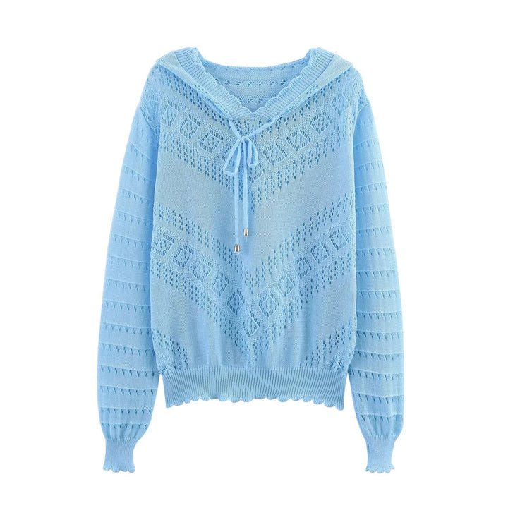 Damen nan Kapuzen-Strickpullover mit Ajourmuster, Tunnelzug und Ballonärmeln Drune