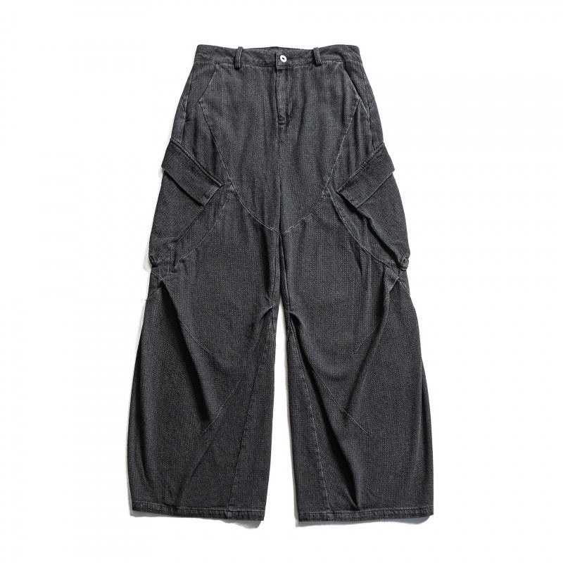 Unisex Weite Cargo-Jeans mit hoher Taille, Panelnähten und aufgesetzten Klappentaschen Drune
