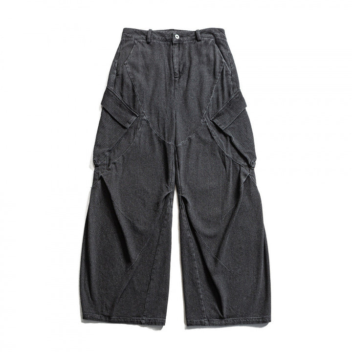 Unisex Weite Cargo-Jeans mit hoher Taille, Panelnähten und aufgesetzten Klappentaschen Drune