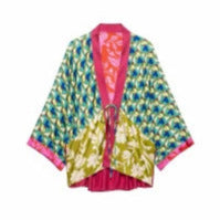 Damen Patchwork-Kimono-Top aus Seidenmix mit tiefem V‑Ausschnitt und Bindegürtel Drune
