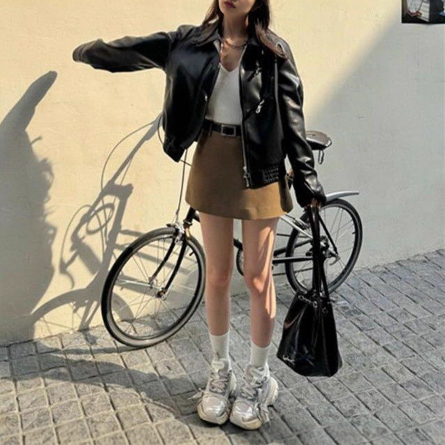 Damen trendige Kunstlederjacke mit klassischem Revers Drune