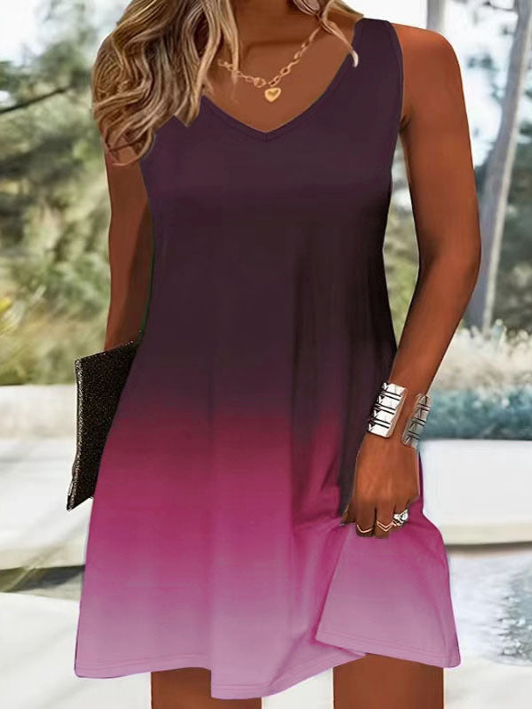 Damen V-Ausschnitt Sommerkleid mit lebhaftem Farbverlauf und leichtem, atmungsaktivem Stoff Drune
