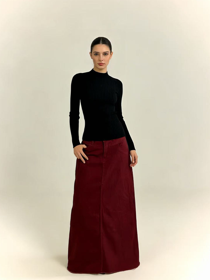 Damen nan langer High-Waist Denim-Maxirock mit gerader Silhouette und rohem Saum Drune