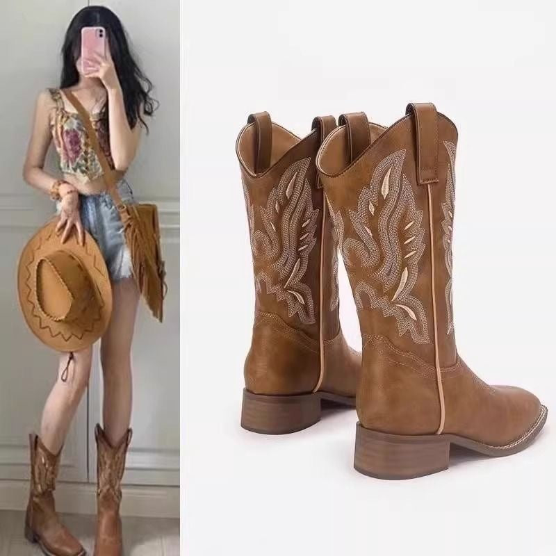 Damen Westernstiefel mit filigraner Stickerei und bequemem Blockabsatz Drune