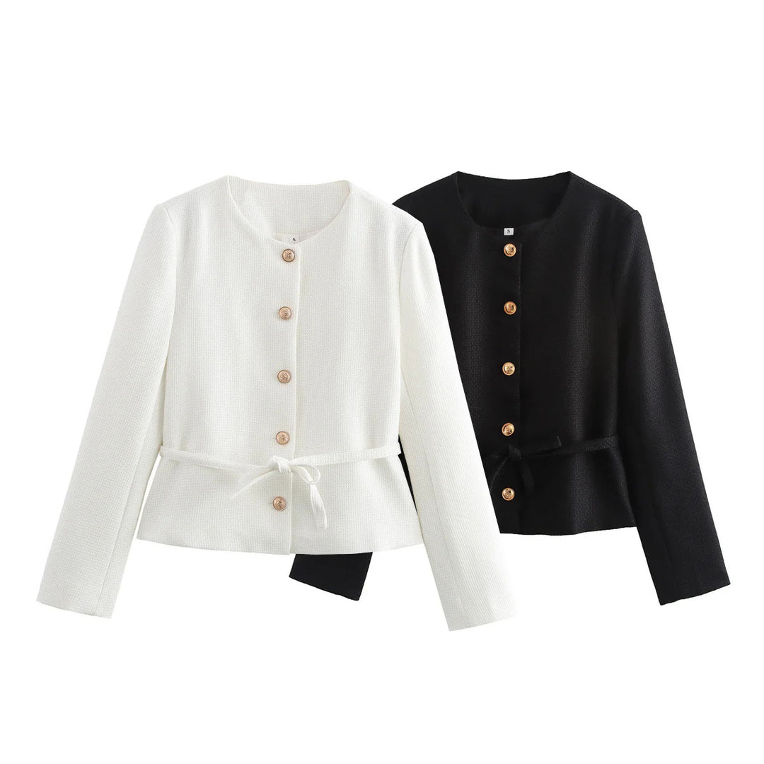 Damen nan taillierte Knopfjacke mit Rundhalsausschnitt, taillenbindegürtel und feiner Webstruktur Drune