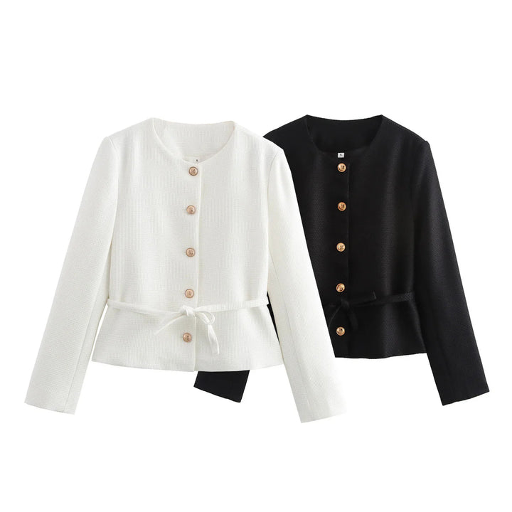 Damen nan taillierte Knopfjacke mit Rundhalsausschnitt, taillenbindegürtel und feiner Webstruktur Drune