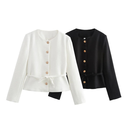 Damen nan taillierte Knopfjacke mit Rundhalsausschnitt, taillenbindegürtel und feiner Webstruktur Drune