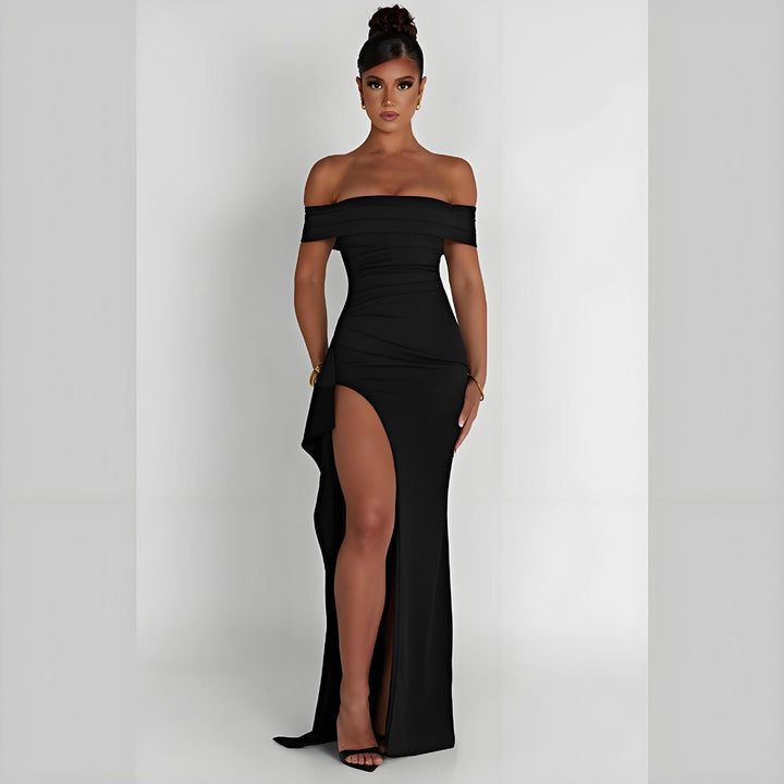 Damen Off-Shoulder Maxikleid mit elegantem Schlitz und figurformendem Schnitt Drune