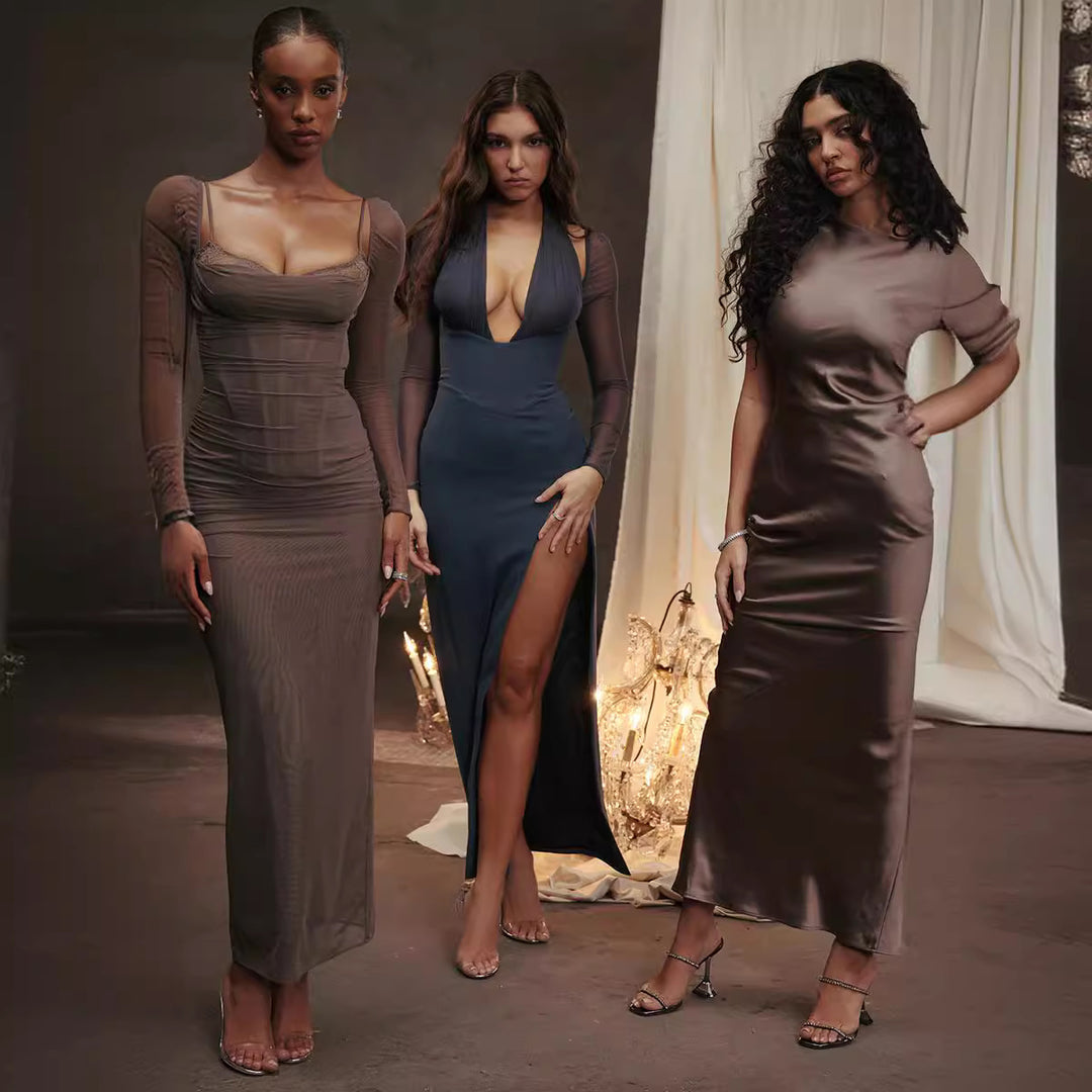 Damen Elegantes Maxikleid mit transparenten Ärmeln Drune