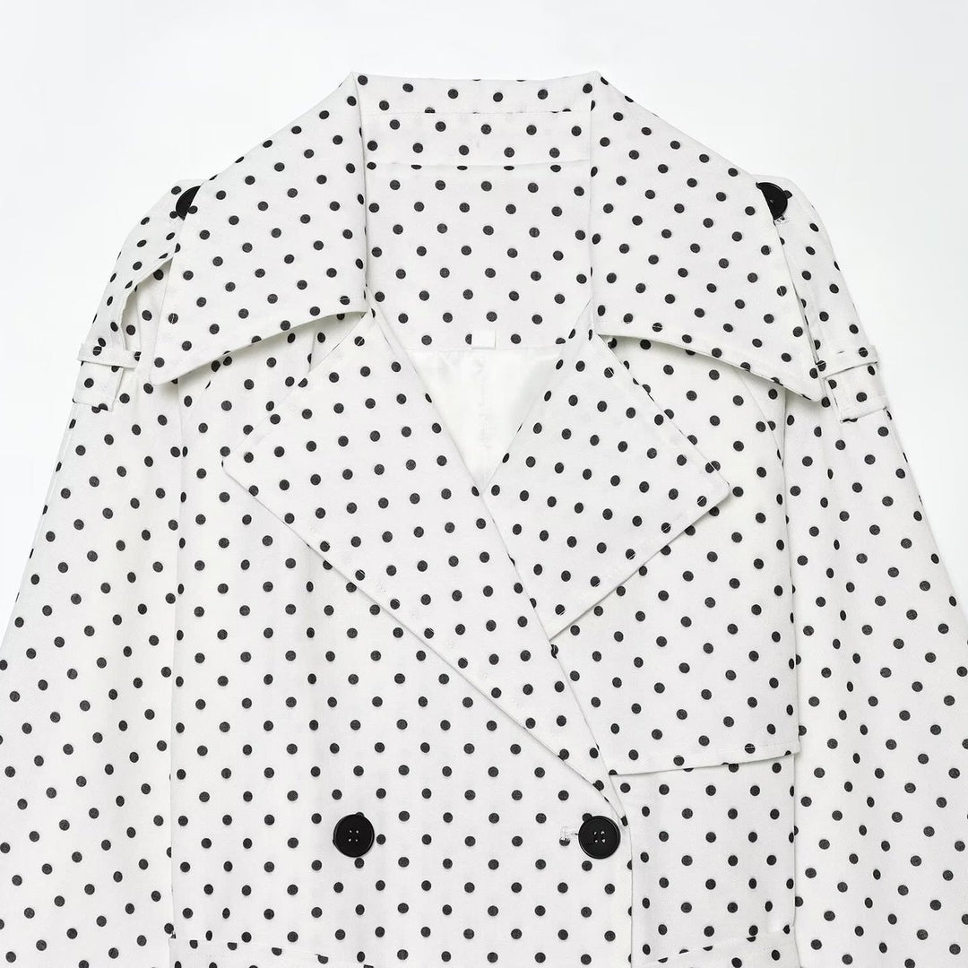 Damen Gepunkteter kurzgeschnittener Trenchcoat mit Taillengürtel und doppelreihiger Knopfleiste Drune