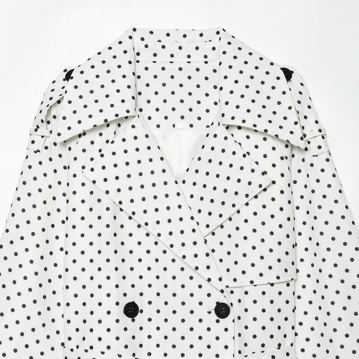 Damen Gepunkteter kurzgeschnittener Trenchcoat mit Taillengürtel und doppelreihiger Knopfleiste Drune