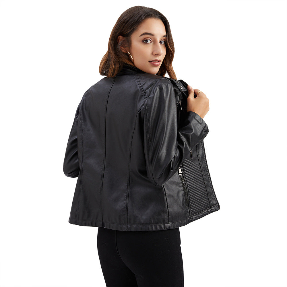 Damen nan taillierte Bikerjacke aus Kunstleder mit Stepppaneelen und Stehkragen Drune