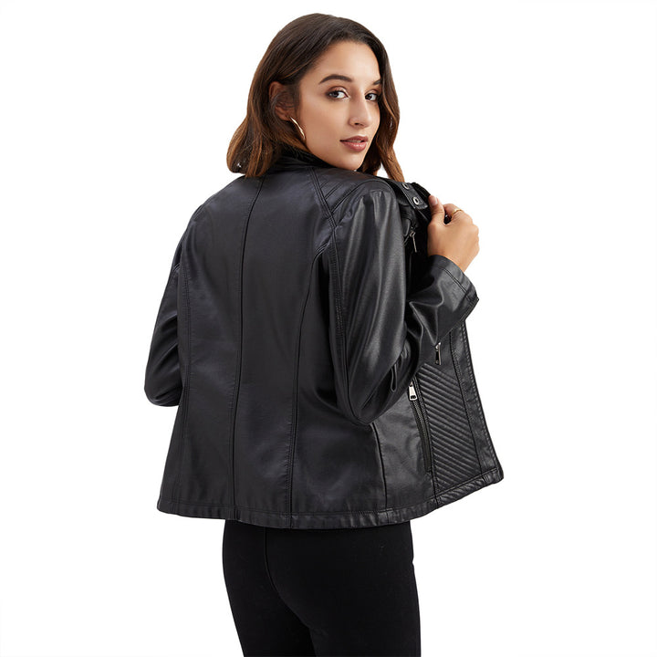 Damen nan taillierte Bikerjacke aus Kunstleder mit Stepppaneelen und Stehkragen Drune
