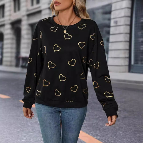 Damen nan lockeres Herzprint-Sweatshirt mit Rundhalsausschnitt und Rippbündchen Drune