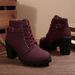 Damen nan knöchelhohe Schnür-Stiefelette mit seitlichem Reißverschluss, dekorativer Gürtelschlaufe, mittelhohem Blockabsatz und profilstarker Laufsohle Drune