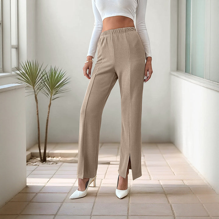 Damen Weiche gerippte Palazzo-Hose mit hohem Elastikbund und Saumschlitz Drune