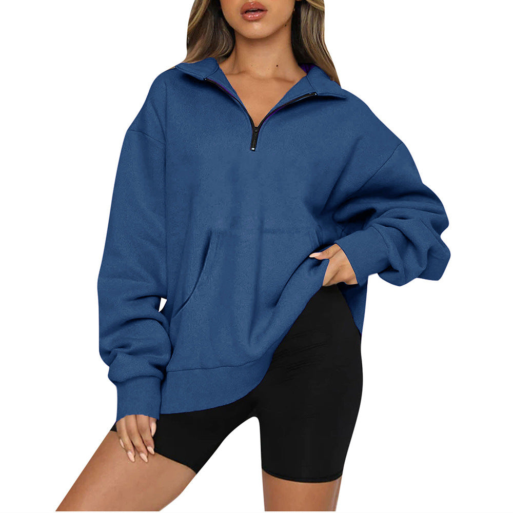 Damen nan Oversize-Halbzip-Kapuzenpullover mit Kängurutasche und verlängertem Saum Drune