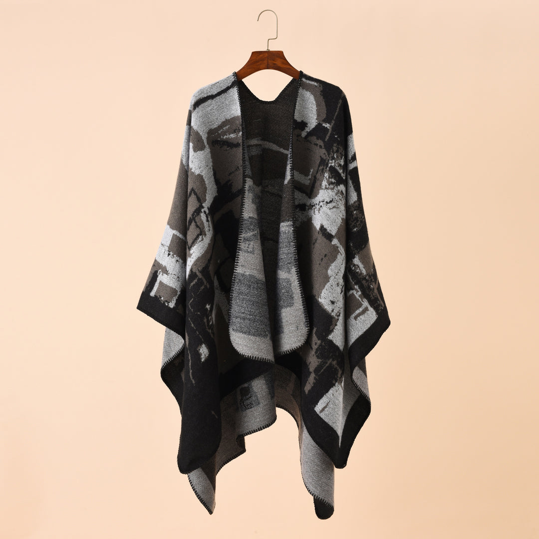 Damen Oversize-Umhangruana aus Wollmix mit abstraktem Jacquard und Zierstichkante Drune