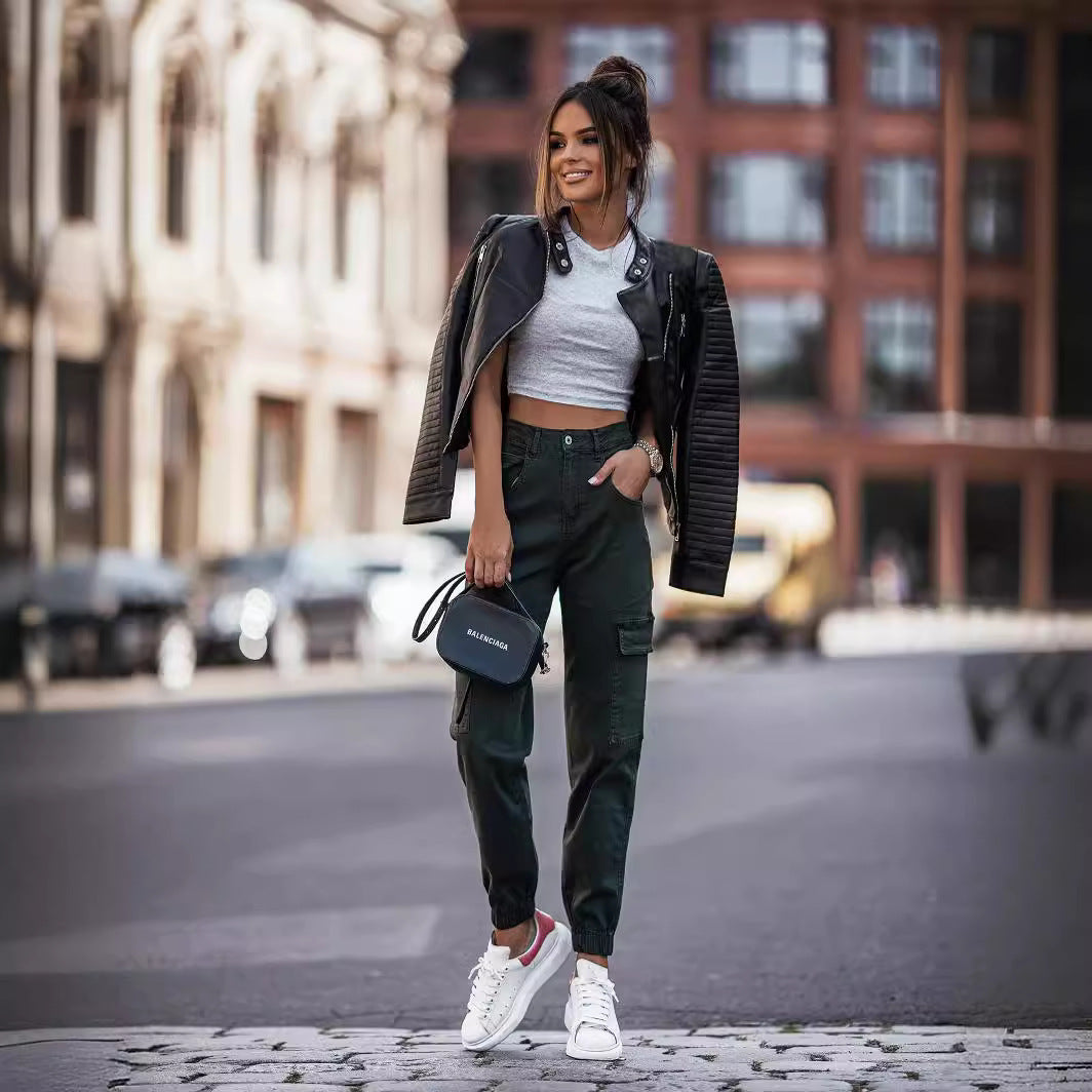 Damen Kunstleder Bikerjacke mit modischem Steppmuster und praktischen Reißverschlusstaschen Drune