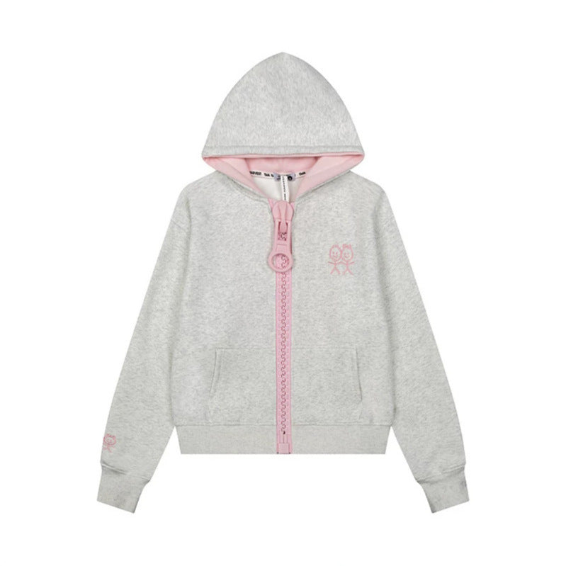 Damen Kapuzen-Sweatjacke mit übergroßem Reißverschluss und minimalistischer Stickerei Drune