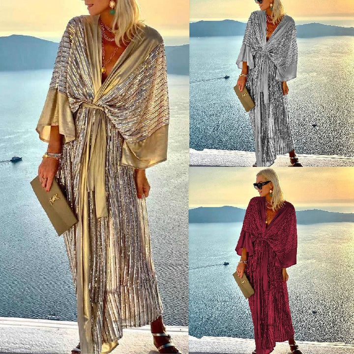 Damen Glitzerndes Maxikleid mit elegantem Wickeldesign und fließenden Ärmeln Drune