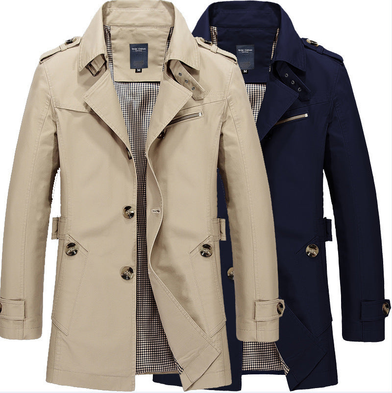 Herren moderner zweireihiger Trenchcoat mit Epauletten und kariertem Innenfutter Drune