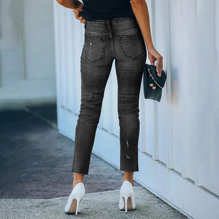Damen Figurbetonte Hochtaillierte Knöchellange Jeans mit leicht ausgefranstem Saum Drune