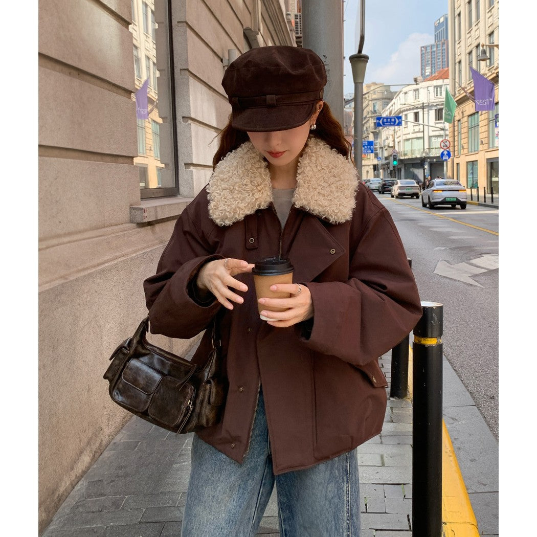 Damen Oversize-Kurzjacke mit Teddykragen und Pattentaschen Drune