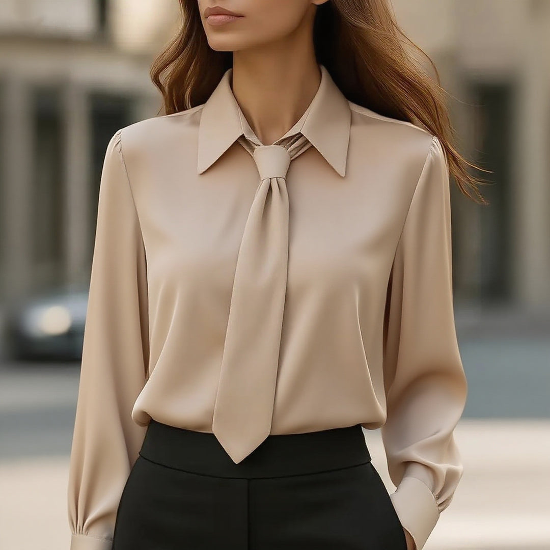 Damen Seidige Business Bluse mit Hemdkragen und integrierter Schleife Drune
